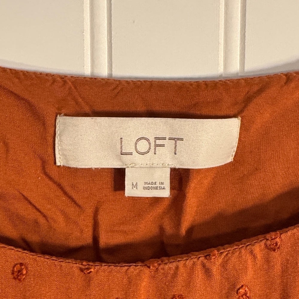 LOFT Swiss Dot Adjustable Spaghetti Strap Swing Dress Burnt Orange Size Medium - Picture 4 of 8